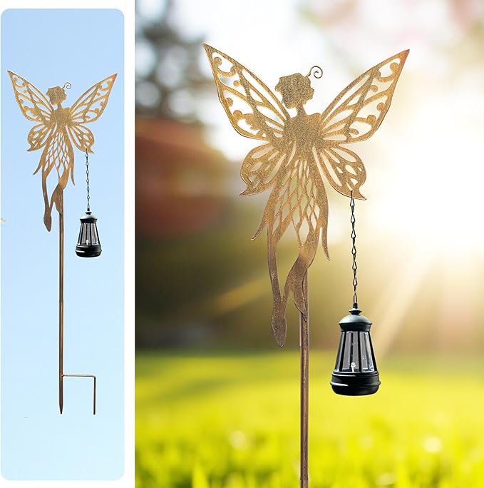 Solar Dancing Fairy Garden Decor, Outdoor Metal Fairy Statues with Stakes, Waterproof Garden Ornament for Patio Lawn Yard, Housewarming Gift for Gardening Mom Grandma