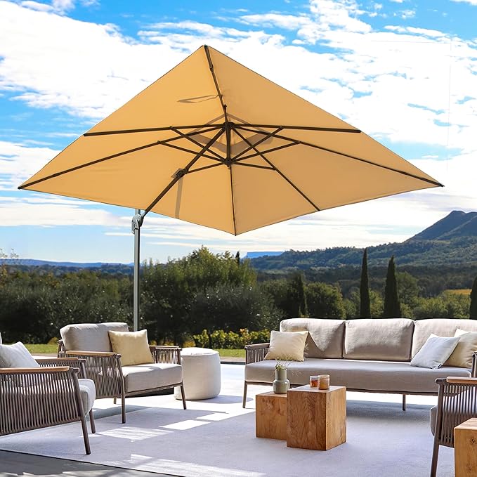 Domi 8’x8’ Cantilever Patio Umbrella, Aluminum Windproof Outdoor Umbrella with 360°Rotation, Square Offset Sun Shade Umbrella for Outside Deck Backyard Garden Pool, Beige