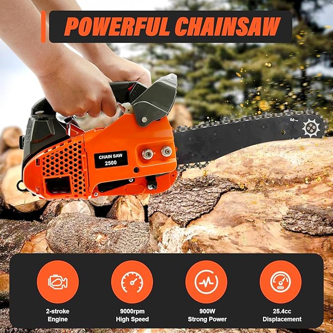 25.4CC 2-Cycle Top Handle Chainsaw Gas Chainsaws, 11.8 Inch Gas Powered Petrol Handheld Cordless Gasoline Chain Saw w/Safety Lock & Automatic Return Switch for Wood Pruning, Tree Stump Trimming