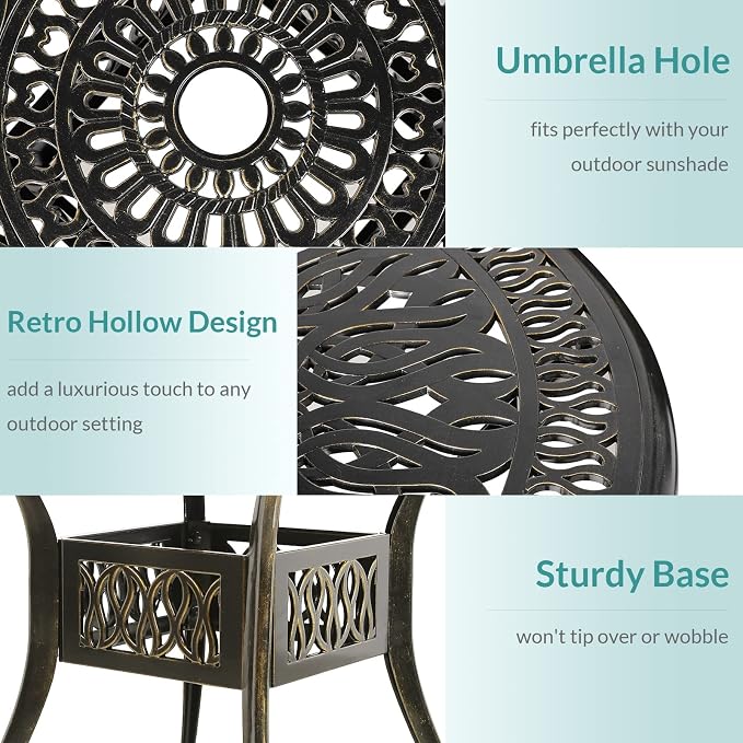 MEETWARM 3 Piece Patio Bistro Set, Outdoor All-Weather Cast Aluminum Dining Furniture Set Includes 2 Chairs with Cushions and a 35.4” Round Table with Umbrella Hole for Garden Deck