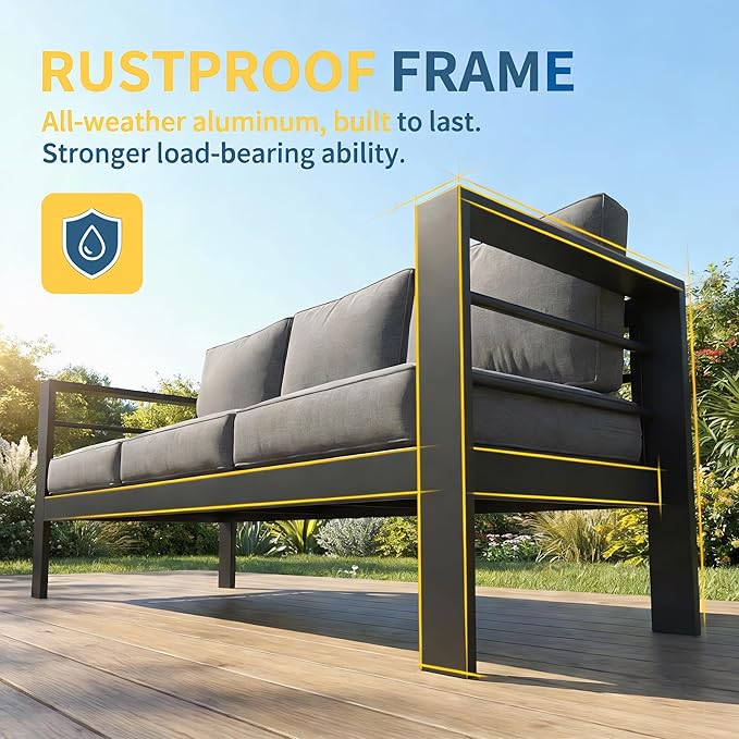 Solaste Aluminum Patio Furniture Set for All Weather, Oversized Metal Outdoor Furniture Set with 27.5" Deep Seating and 3.2" Wide Armrest, Patio Conversation Set with 5" Cushion, Black and Grey