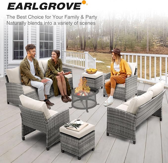 6 Piece Outdoor Sectional Furniture, Wicker Outside Furniture Patio Sofa Set with Cushions, Waterproof Patio Conversation Set for Garden Balcony Backyard (Gray & Beige)