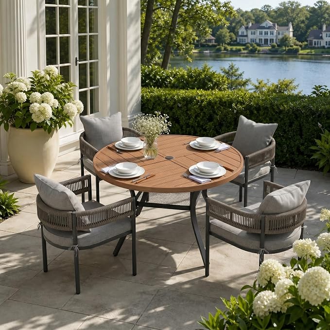 VICLLAX Patio Dining Set, 40.7" Walnut Table & 4 Chairs with Grey Cushion | Outdoor Table and Chairs Set of Round Metal Patio Table, Outdoor Dining Chairs with Metal Frame, Garden Deck Porch