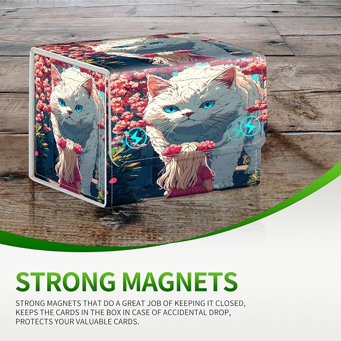 Card Deck Box for MTG, Cards Storage Box Fits 120+ Sleeved, Leather Small Size Strong Magnetic Closing Card Case for Board Games Magic TCG CCG Baseball Collection, Big Cat Girl