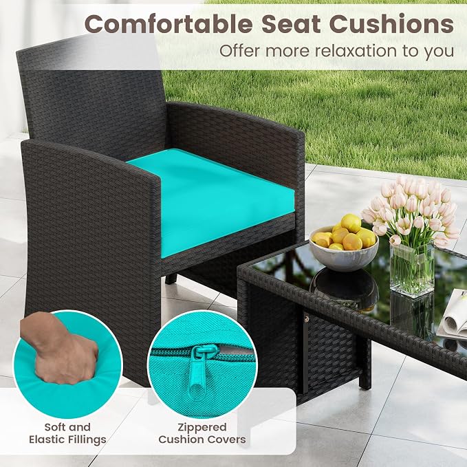 HAPPYGRILL 4 Piece Rattan Wicker Patio Conversation Set, Outdoor Furniture with Chair Loveseat Table & Cushion, for Backyard Porch Balcony (1, Black & Turquoise)