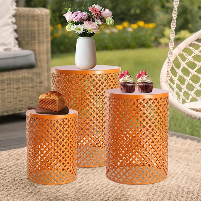 Metal Frame Accent Table,Cylindrical Outdoor Side Table,Decorative Garden Stool,Set of 3 Nesting Side Table,Modern Decorative Garden Stool for Patio Balconies Cafes Parks (3, Orange)