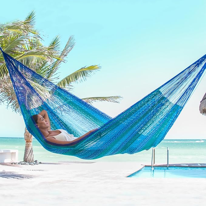 NOVICA Artisan Crafted Hammock Striped Rope | Mayan Bright Cobalt | Two Person Capacity | Blue Green Color | Striped Hand Woven | Handmade Nylon | Mexico 'Cool Lagoon'(Double) 78" L x 78" W