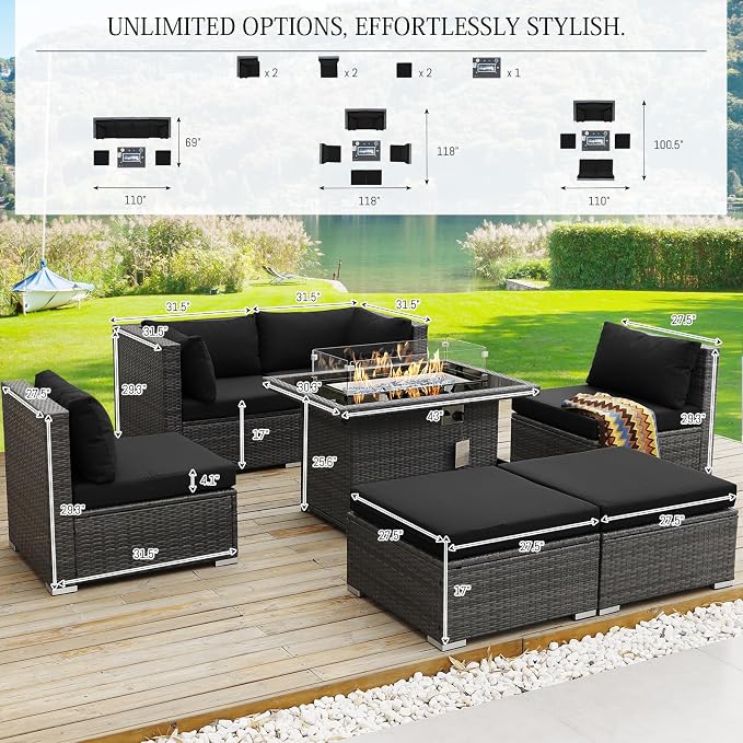 BULEXYARD 7 Piece High Back Outdoor Sectional Set with Fire Pit Table, Wicker Patio Furniture Set Weather-Resistant, Modular 6-Person Couch Sofa Comfortable Wide Deep Seats for Backyard, Grey & Black