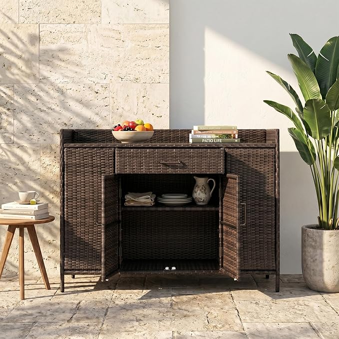 53.2"W Outdoor Weather-proof Rattan Storage Cabinet with Tempered Glass Desktop,Outdoor Wicker Bar Table with One Large Drawer & Adjustable Shelves for Patio, Backyard,Garden,Pool (Black+Brown#81)