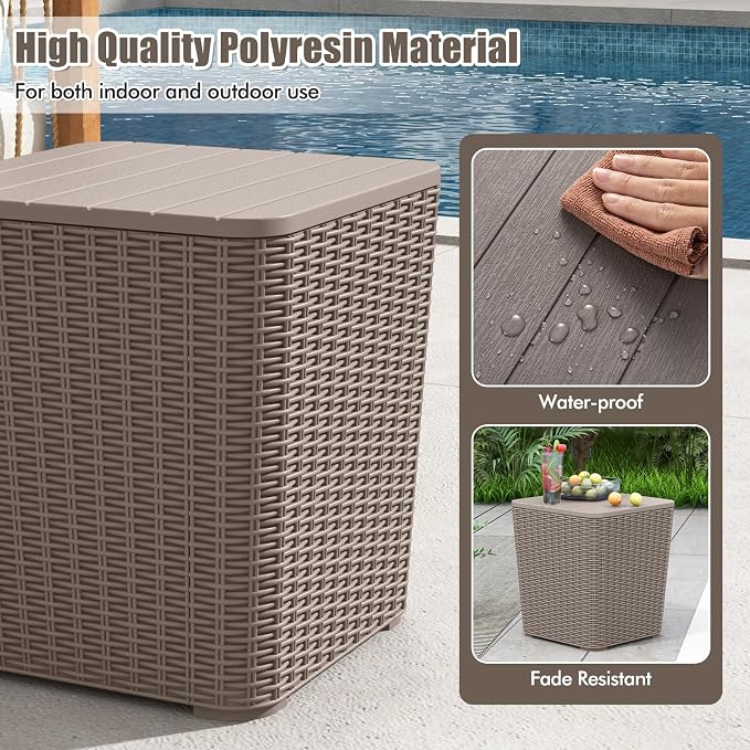 LDAILY 11.5 Gallon Outdoor Storage Box, Deck Box with Table Top & Stool, Resin Wicker Patio Side Table with Storage, Removable Lid, 330Lbs Capacity for Poolside, Balcony (Brown)