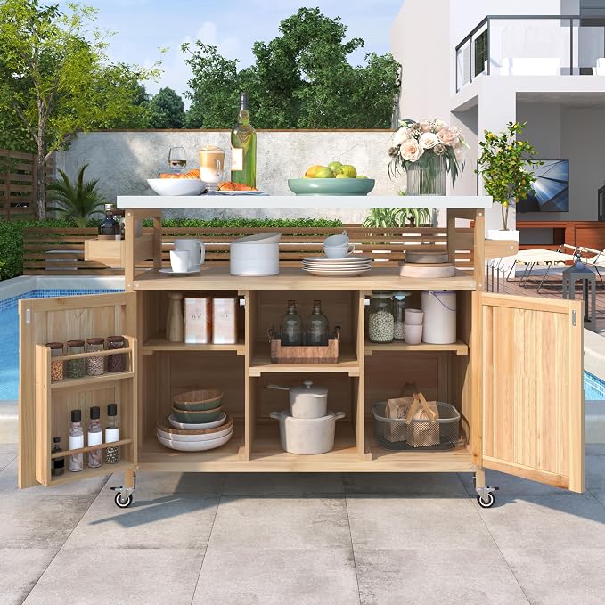 Outdoor Deck Box and Grill Prep Station with 201 Stainless Steel Top, Solid Fir Wood Patio Storage Cabinet for BBQ Tools and Cushions, Rolling Kitchen Island with Spice Rack, 50-Inch, Natural