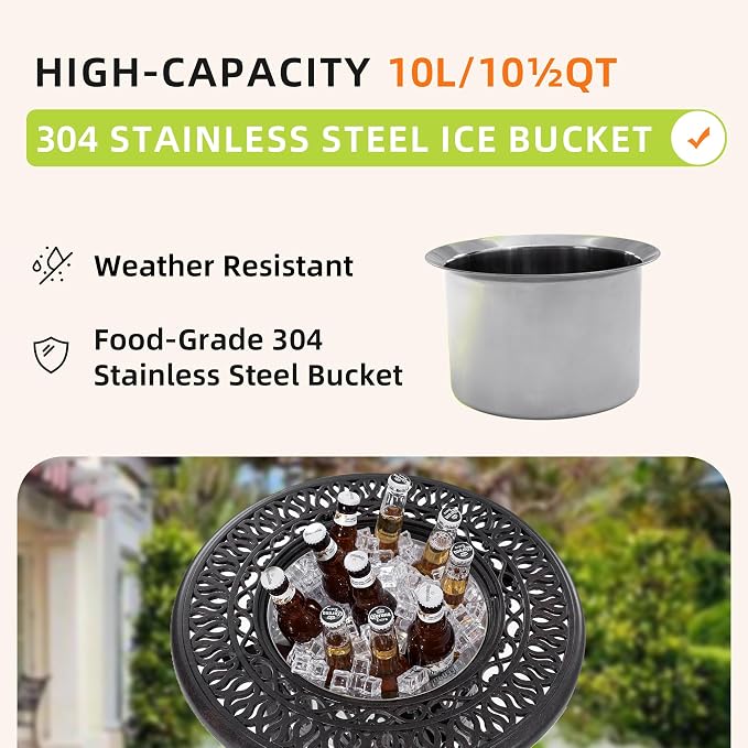 21" Side Table with Removable Ice Bucket- Rustproof Cast Aluminum Frame, Hand-Brushed Finish, Food-Grade 304 Stainless Steel Bucket - Perfect for Indoor & Outdoor, Patio, Balcony, and Poolside