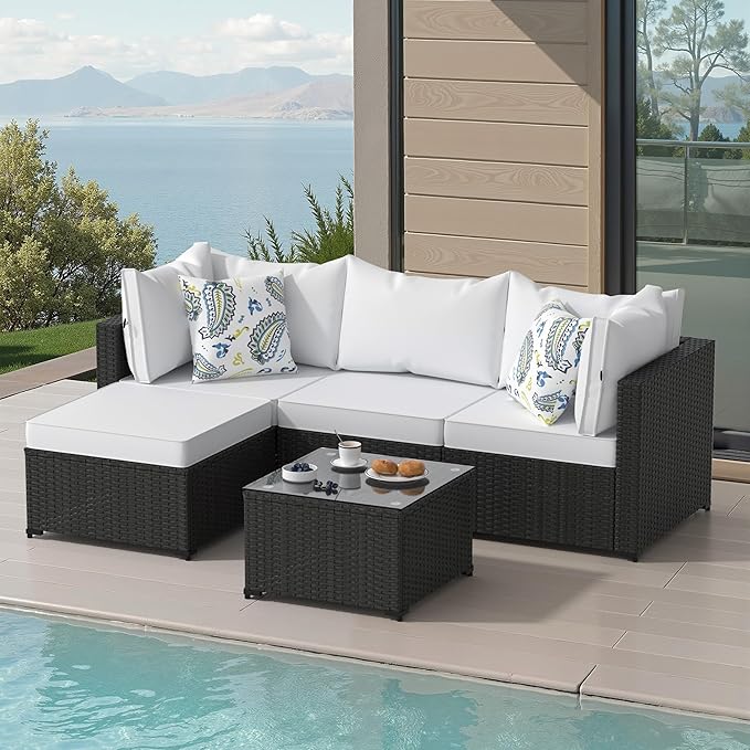 Patio Furniture Set, 5PCS Outdoor Sectional with Ottoman Wicker Rattan Patio Couch with Thickened Cushion Modular Wicker Patio Conversation Set with Glass Top Table for Balcony, Backyard (White)