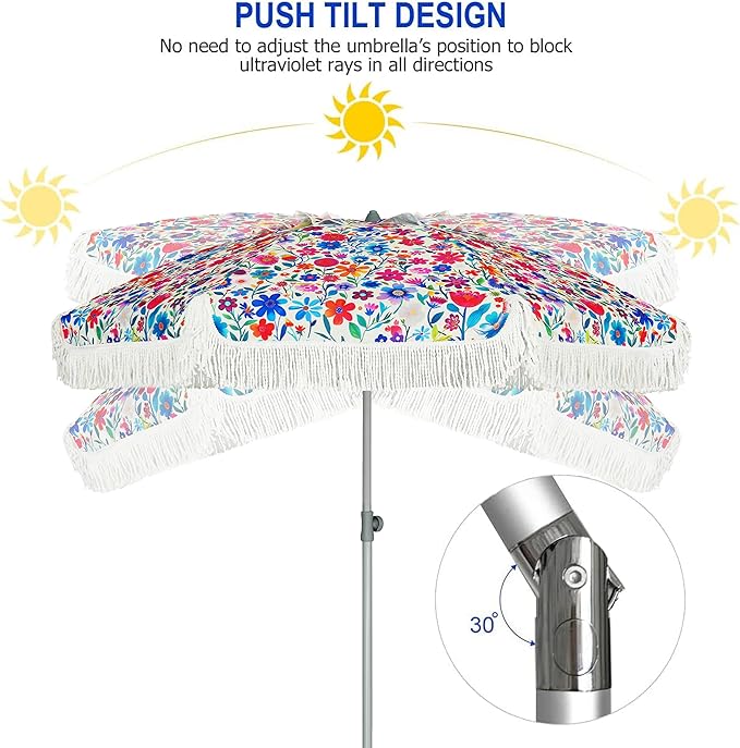 AMMSUN 6.5ft Heavy Duty HIGH Wind fringe Beach Umbrella with sand anchor, Fringe Umbrella Outdoor Patio Tilt Sun Shelter, UPF 50+ Windproof Outdoor Sunshade Umbrellas Carry Bag for Patio Garden Backyard Pool Sports