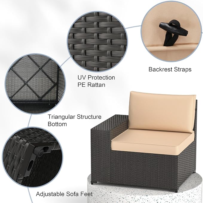 Patio Furniture Set, 7PCS Patio Sectional w/ Fire Pit Tabel Ottoman Wicker Rattan Outdoor Furniture with Thickened Cushion Modular Wicker Patio Conversation Set with Glass Top Table for Balcony(Khaki)
