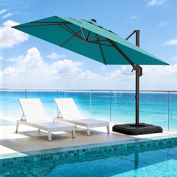 10' X 10' Patio Umbrella Cantilever Outdoor Rectangle Umbrella, Heavy Duty 360°Rotation Offset Umbrella for Garden Deck Pool Patio, Turquoise