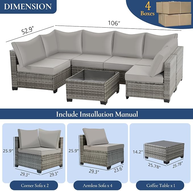 FHFO 14 Piece Outdoor Wicker Patio Furniture Set, Grey/Light Grey | Sectional Sofa | All-Weather Hand-Woven Rattan | Tempered Glass Coffee Table | Free Combination | Indoor & Outdoor Use