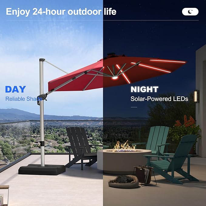 PURPLE LEAF 11ft Patio Umbrella with Lights Outdoor Round Cantilever Solar Powered LED Umbrella with 360-degree Rotation for Garden Deck Pool Patio, Terra