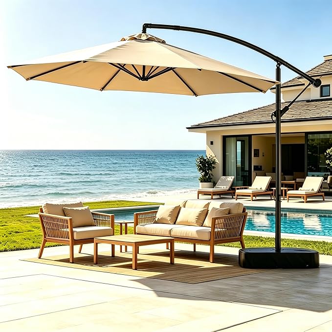 Patio Umbrella, 10FT Outdoor Umbrella with Base Included, 45° Tilt Large Cantilever, UV Protection, 360° Rotation for Backyard, Poolside, Deck, Pool, Garden