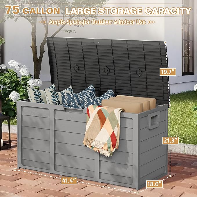 75 Gallon Deck Storage Box Resin Outdoor Storage Container with Handles for Patio Garden Yard, Black, Grey