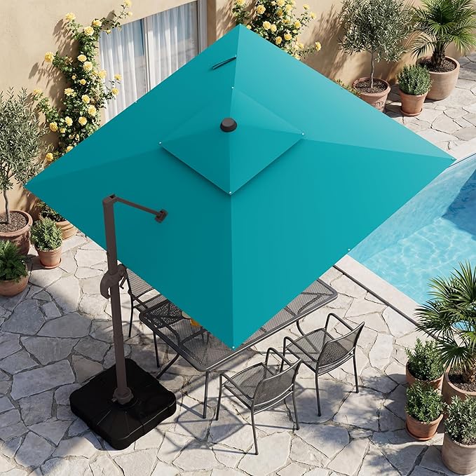HASLE OUTFITTERS 10x10 FT Patio Cantilever Umbrella with Base, Outdoor Offset Large Square Heavy Duty Double Top Umbrellas with 360° Rotation for Pool Garden Deck，Turquoise