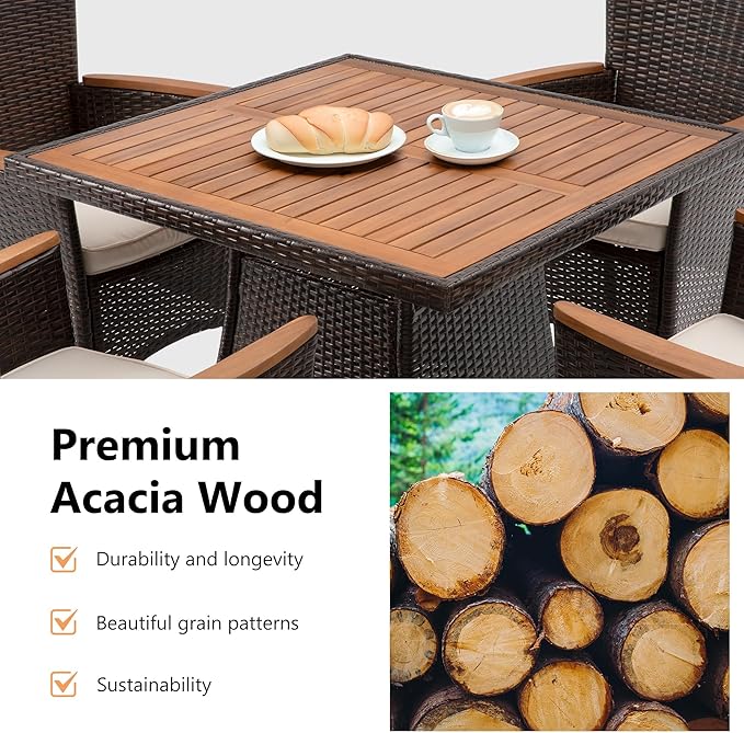 RoyalCraft 5 Piece Patio Wicker Dining Sets for 4, Water-Resistant Rattan Outdoor Dining Table and 4 Chairs with Wood Table Top, Conversation Set Removable Cushions for Deck, Garden, Backyard, Brown