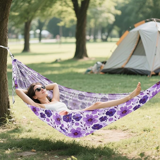 Camping Hammock Outdoor Hammocks for Outside Purple Flower Beach Trees Portable Lightweight with Pockets Tree Straps Indoor Small