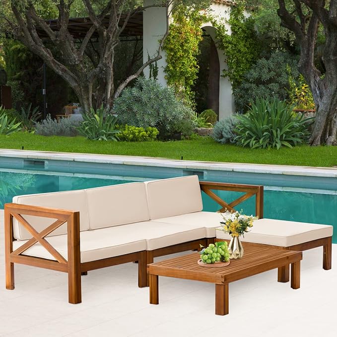 5-Piece Acacia Wood Outdoor Sofa Set Patio Bistro Set Furniture Outdoor Chat Conversation Table Chair Set with Water Resistant Cushions and Coffee Table for Beach Backyard Garden