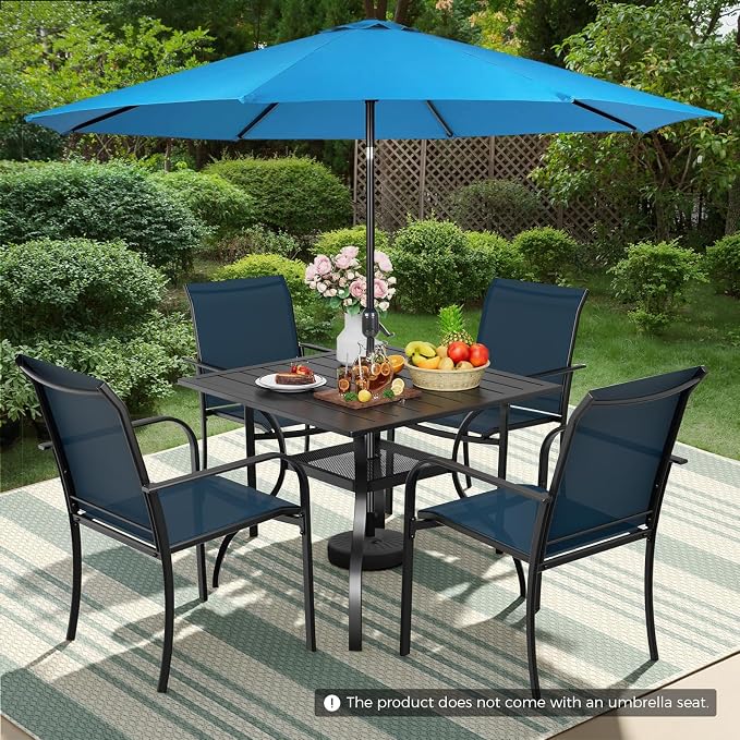 Incbruce 6 Pieces Paito Dining Set with Sky Blue Umbrella, Outdoor Metal Dining Set of 4 Textilene Chairs and Square Table with Umbrella Hole for Garden, Porch and Backyard (Blue)