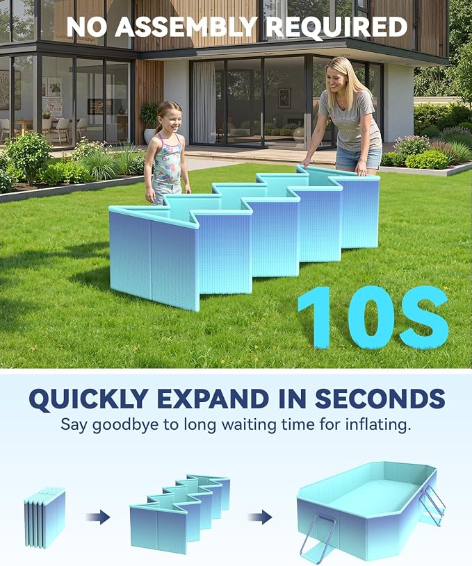 HeySplash Foldable Pool, Non-Inflatable Swimming Pool with Rigid Puncture-Proof Hard Composite Board, Kiddie Pool Outdoor Pool, Adults & Kids Pool for Backyard Garden Dog Pool 78"×53"×19", Ice Blue