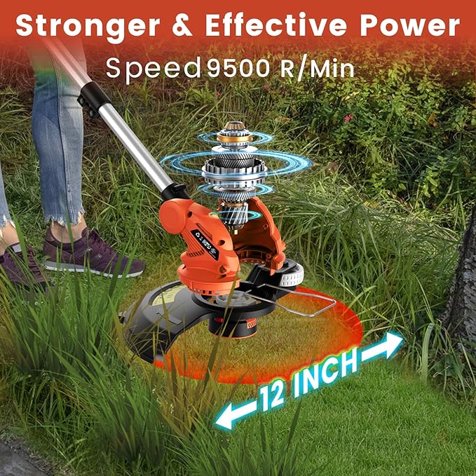 20V 12" Cordless String Trimmer With 2 X 2.0Ah Battery and Charger, Electric Grass Trimmer Battery Powered Eater String, Edger Lawn Tool Grass Cutter With 8pcs Line, Lawn Mover For Garden Yard, Orange