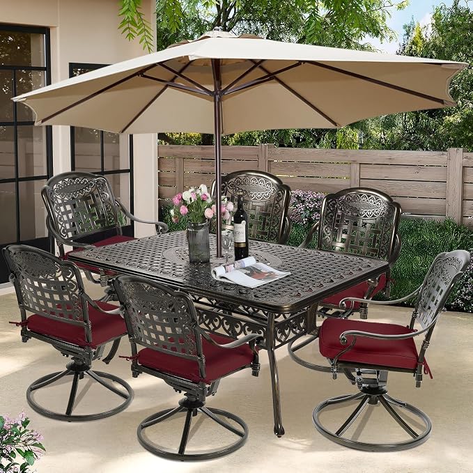 7-Piece Outdoor Patio Dining Set, 60” Rectangular Cast Aluminum Dining Table with Umbrella Hole and 6 Cushioned Swivel Rocker Chairs, Patio Funiture Set for Backyard, Patio, Garden, Red
