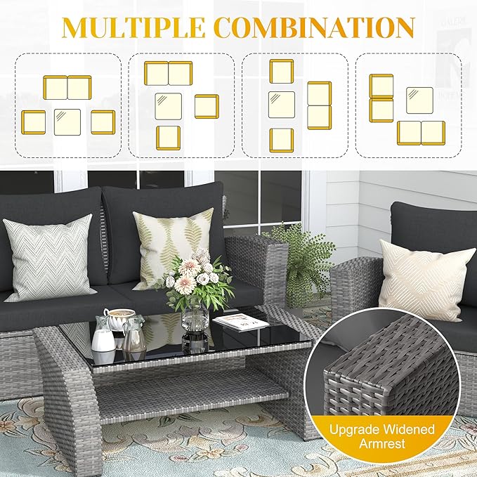4-Piece Outdoor Patio Furniture Set, All Weather Wicker Rattan Sectional Sofa Conversation Seating Set with Cushions & Large Glass Coffee Table, Ideal for Garden Backyard Porch, Dark Grey