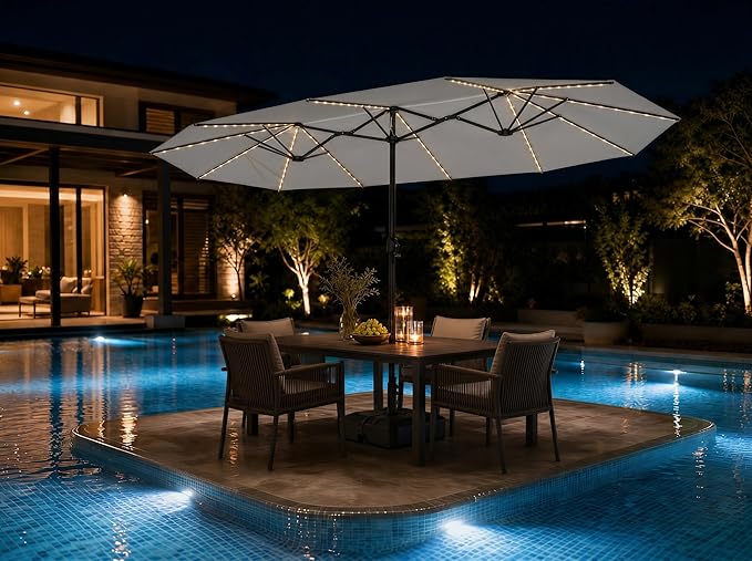 PURPLE LEAF 14ft Patio Market Umbrella with Solar LED and Base Double-Sided Rectangle Outdoor Table Sun Umbrellas with Crank for Pool Beach Deck Backyard Cream