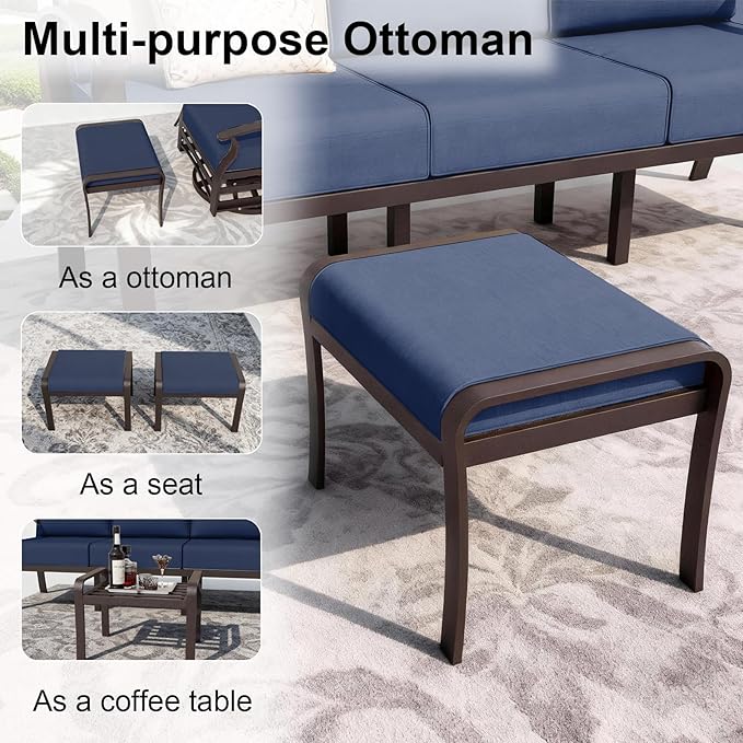 ALAULM Aluminum Patio Furniture Set with Coffee Table Rectangular, 9-seat Outdoor Sectional Furniture w/Swivel Chairs and 2 Ottomans, Patio Conversation Set for Porch, Backyard, Poolside-Dark Blue