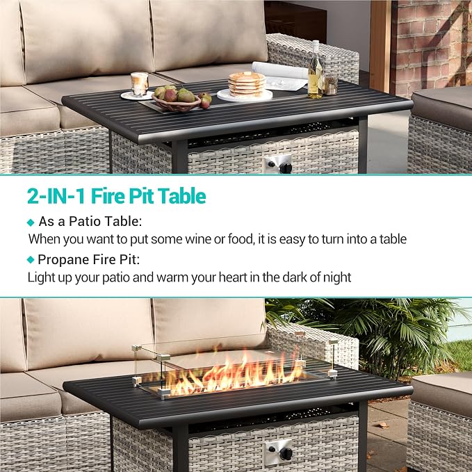 16-Piece Outdoor Patio Furniture Set with Rocking Swivel Chair, Wicker Rattan Sectional Sofa Conversation Set with 55,000 BTU Fire Pit Table with Ottomans, Backyard Furniture, Beige