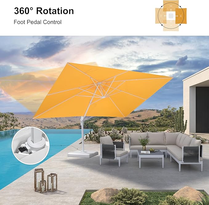 PURPLE LEAF 10' × 13' Patio Umbrella With Base White Cantilever Umbrella Square Outdoor Offset Umbrella Windproof with 360° Rotation for Garden Deck Pool, Yellow