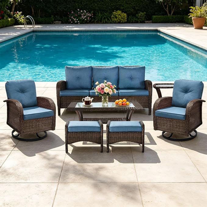All Weather Patio Furniture Set, High Back Swivel Rocker Glider Chairs，Ottomans & Glass Tables, Outdoor Conversation Set for Deck Porch Yard Poolside (Blue, 7PCS-Sofa&Swivel Chairs&Ottomans&Tables)
