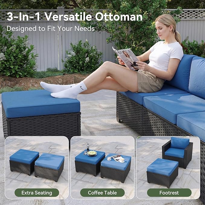 Aoxun 4 Piece Patio Furniture Set with Ottomans, Wicker Outdoor Furniture Conversation Set with 4" Thick Cushions for Deck Yard and Poolside Navy Blue