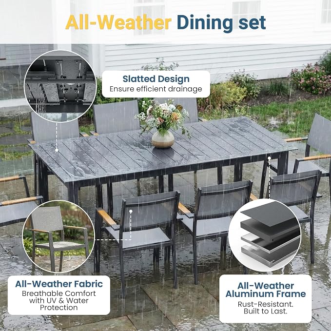 RoyalCraft Aluminum Outdoor Patio Table and Chairs Set with 121" L -81" L Expandable Dining Table, 9-Pieces Patio Furniture Set for 8, Outdoor Dining Set with Stackable Quick Drying Chairs, Grey