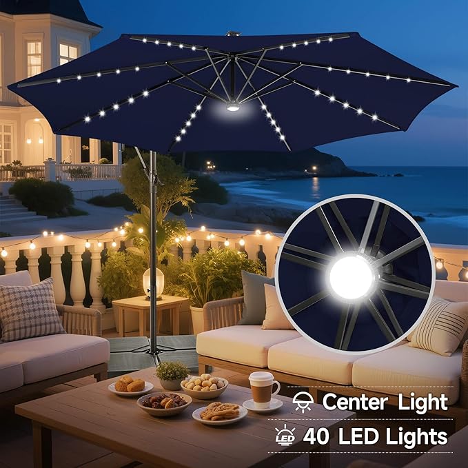 Solar Offset Patio Umbrella - 10 FT Solar Cantilever Umbrella Outdoor with 40 LED Lights and Cross Base, UV Protection for Garden, Deck, Backyard, Pool, Porch, Navy Bluery