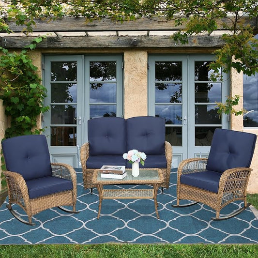 4-Piece Wicker Patio Furniture Sets Outdoor All-Weather Rattan Conversation Set Includes Glider Loveseat, Glass-Top Coffee Table, 2 Rocking Chairs with Thickened Cushions, Navy Blue