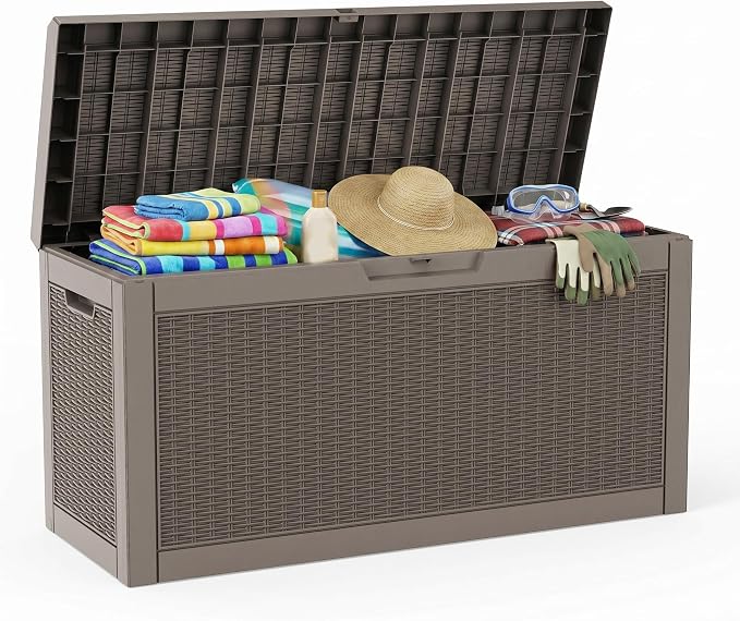 75 Gallon Outdoor Deck Storage Box, Weather Resistant Rattan Style Lockable Storage Container for Patio, Poolside & Backyard Large Space Organization (Grey, 75GAL)