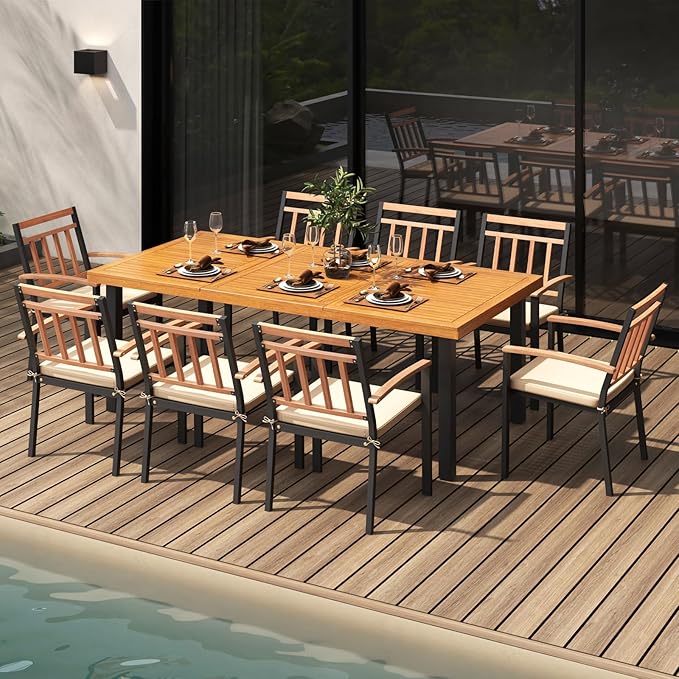 Tangkula 9 Pieces Patio Dining Set, Outdoor Acacia Wood Table and Chairs with Soft Cushions and 1.9” Umbrella Hole, Outdoor Patio Furniture Set for Garden, Deck and Backyard
