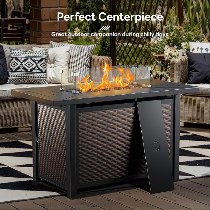 Luxury High Back Outdoor Furniture with 6-inch Extra Thick Cushions, Patio Furniture Set with Fire Pit Table & Swivel Chairs, 4 PCS Wicker Conversation Set for Yard, Deck, Poolside, Brown/Beige