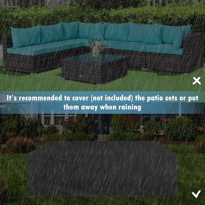 DORTALA 7 Pieces PE Rattan Patio Furniture Set, All-Weather Wicker Conversation Set W/Soft Cushions & Pillows, Coffee Table, Outdoor Sectional Sofa Set for Balcony, Poolside, Backyard, Turquoise