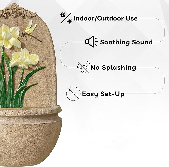 XBrand 31" in H Outdoor Wall Water Fountain with Pump- Yellow Flower with Dragonfly Design with Mesh Guard