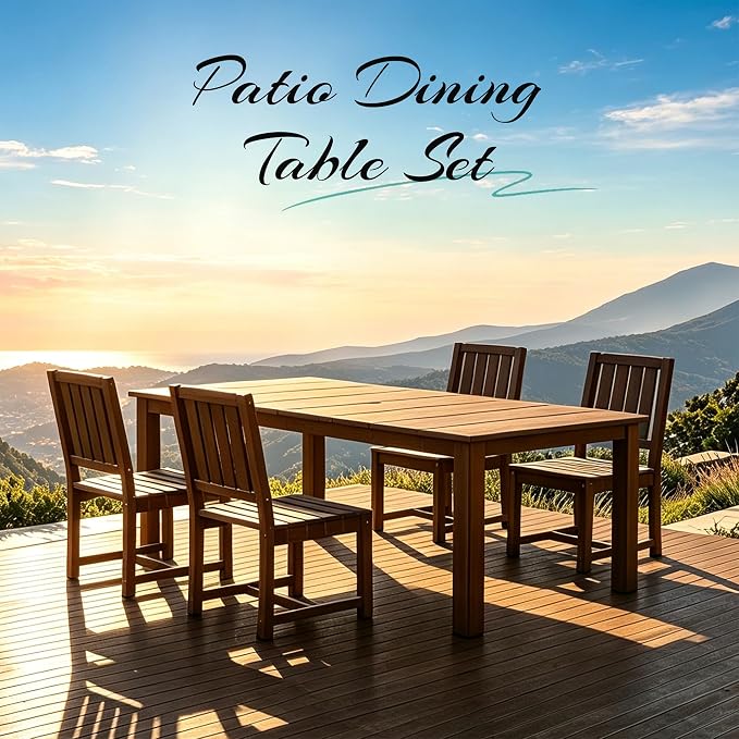 PLUUV 5-Piece Outdoor Dining Set – HDPE Patio Furniture with Aluminum Table, Umbrella Hole, and 4 Armless Chairs, All-Weather Resistant for Garden & Backyard, Coffee