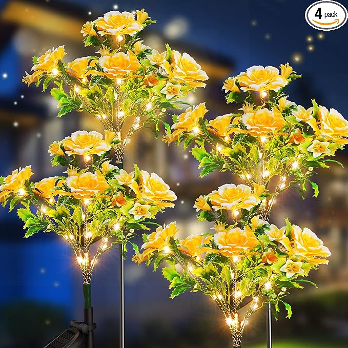 Neporal Solar Garden Lights Outdoor Waterproof IP65 4PK Dusk to Dawn Carnation Solar Flower Lights for Garden Decor Yard Decor Patio Decor, Garden Solar Lights Outdoor Gardening Gifts