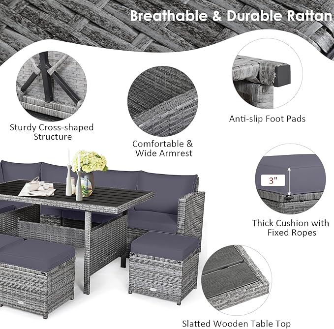 Tangkula 7 Pieces Patio Furniture Set, Outdoor Sectional Rattan Sofa Set with Cushions, All Weather Wicker Conversation Couch Set w/Dining Table & Ottomans for Backyard Garden Poolside (Grey)